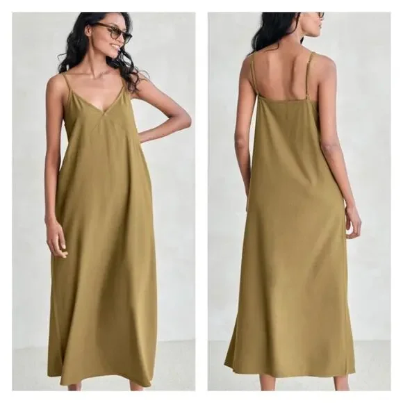 JENNI KAYNE Riviera Slip Dress Womens XXL Safari Green Raw Silk V-neck Maxi NEW - Picture 2 of 16